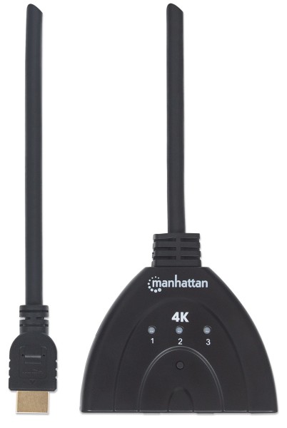Manhattan 4K 3-Port HDMI-Switch - 4K@60Hz - Stromversorgung über USB - integriertes Kabel - schwarz